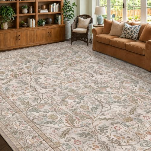 Large Moss Green 9x12 Area Rug for Living Room, Soft Non Slip Stain Resistant Floral Rug for Bedroom Big Dining Room, Light Brown Taupe Home Decor by Evyhood