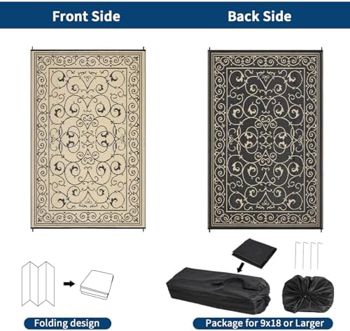 GAOMON Outdoor Rug Waterproof 9x12 Patio Rug Durable Indoor Outdoor RV Mat, Reversible Camping Carpet, Foldable Plastic Straw Rug for Patio, Porch, Deck, Balcony, Beach,Vintage-Black&Beige - Image 6