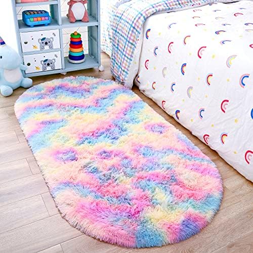 Noahas Oval Fluffy Rainbow Rug 2.6X5.3 Small Kids Rugs for Bedroom Girls And Boys Aesthetic,Bedside Bedroom Rug,Ultra Soft Runner Carpet Modern Shaggy Nursery Area Rugs Home Decor by ModernHomeDecor