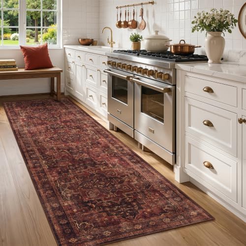 Washable Hallway Runner Rug 2'x7', Vintage Medallion, Dark Red - Image 4