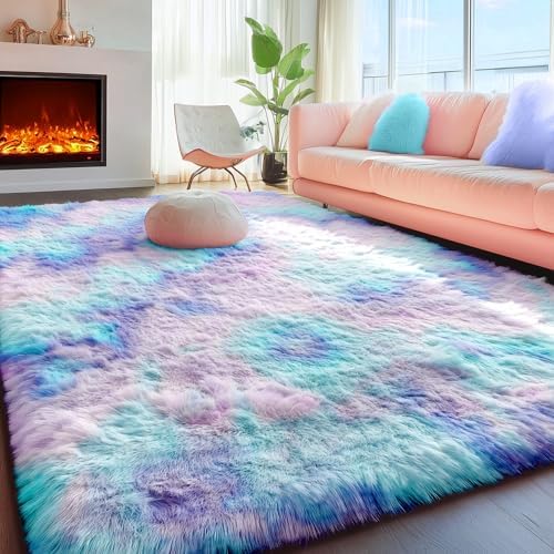 PAGISOFE 9x12 Rainbow Large Area Rug for Bedroom Girls, Cute Kawaii Purple Rainbow Princess Rugs for Kids Room Playroom Nursery Classroom, Plush Mermaid Rug,Clorful Room Decor for Teenage Pastel Rugs - Image 7