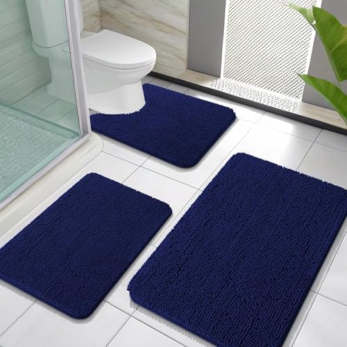 OLANLY Chenille Bathroom Rugs Sets 3 Piece, 30"x20"+24"x16"+24"x20", Navy by OLANLY