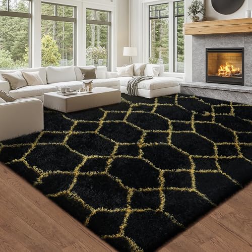Topmaxcs Shag Rugs for Living Room 8x10: Black and Gold Geometric Area Rug - Image 2