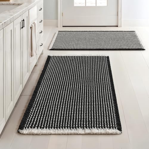MIULEE Set of 2 Waffle Bathroom Rugs Boho Bath Mat Black&Cream 18x30 Inch by MIULEE