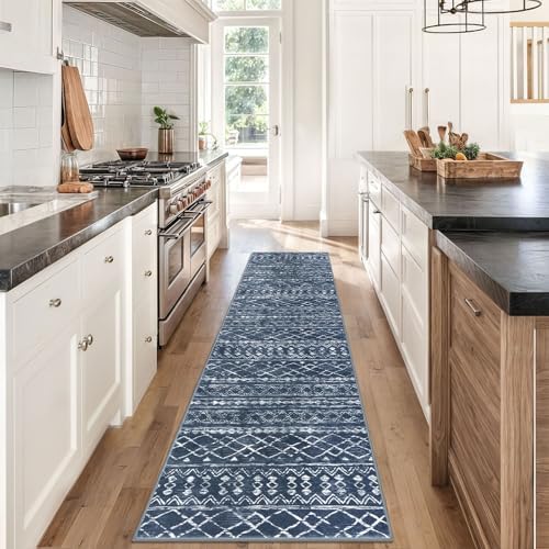 KUTA Boho Runners for Hallways 2x8 Navy Blue Washable Runner Rug - Image 3