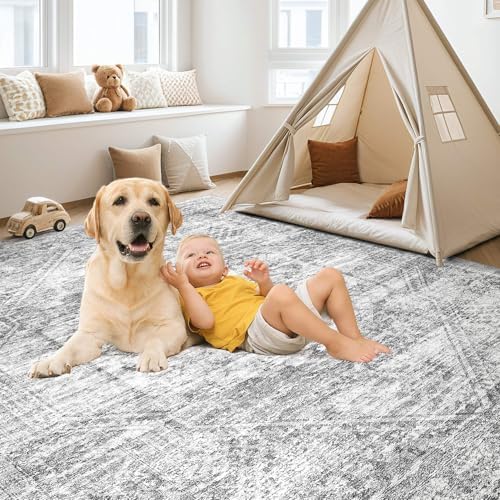 6x9 Area Rug for Living Room, Washable, Traditional, Distressed Grey - Image 4