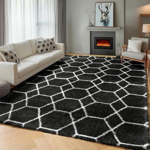 6x9 Area Rugs for Living Room Bedroom, Fluffy Black and White Geometric Rug - Image 5
