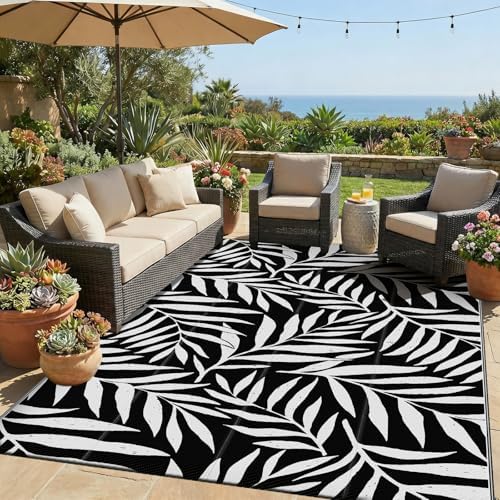 Smiry Outdoor Rug 5x8 ft Waterproof Reversible Leaf Mat, Black & White by Smiry