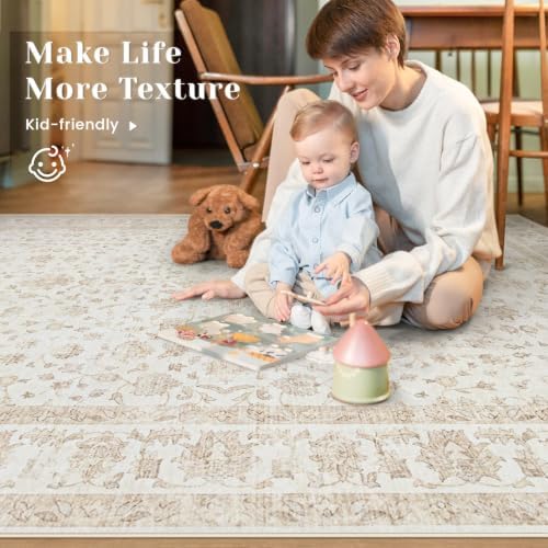 6x9 Area Rugs for Living Room: Washable Vintage Floral Rug Low Pile Non-Slip Boho Carpet for Nursery Bedroom Dining Room (Vintage Beige, 6'x9') - Image 4