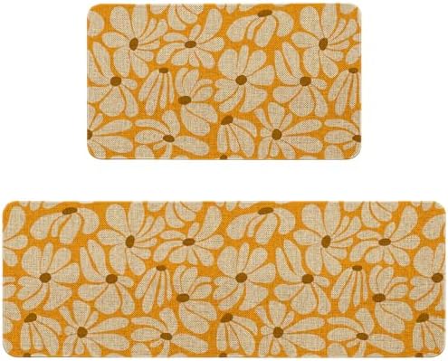 Spring Daisy Floral Kitchen Mats Decor, Yellow Retro Groovy Flower Power Kitchen Rugs Sets of 2, Vintage 1970s Floral Rug Home Decorations Indoor by Unknown
