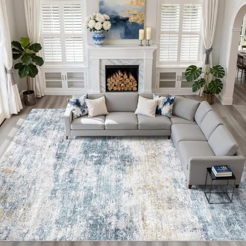LOONGRUG 10x12 Area Rug Washable Neutral Modern Living Room Rug Blue Gold by LOONGRUG