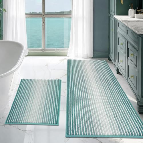 BSICPRO Bathroom Rugs Sets 2 Piece, Non Slip Striped Bath Mats, Aqua Green by BSICPRO