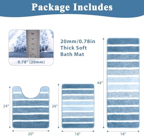 Yamaziot Blue Bathroom Rugs Set 3 Piece Washable Non Slip Striped Mat - Image 2