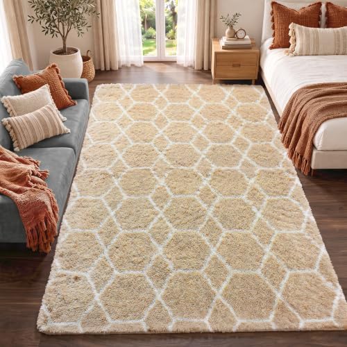 Area Rugs for Bedroom Living Room, 4x6 Fluffy Beige and White Geometric Rug by ONASAR