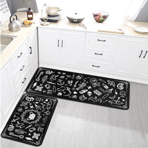 Gothic Rug Set of 2, 17x30+17x47inch, Kitchen Mat with Rubber Backing, Non-Slip, Washable, Black - Image 5