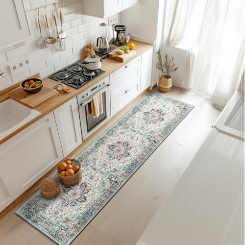 BESTSWEETIE 2x8 Area Rug Washable Rugs for Living Room, No Pile Boho Carpet for Entryway Bedroom Dinning Room, Vintage Carpet Print Distressed Non-Slip, 2 x 8 ft, Multi Navy Teal - Image 2