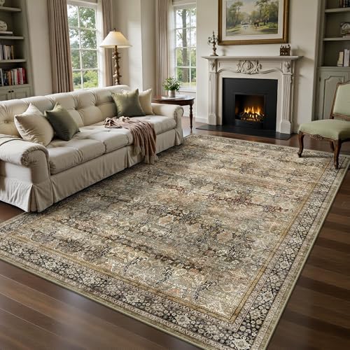 6x9 Area Rugs - Washable Vintage Retro Living Room Rug, Soft Ultra Thin Non Slip Low Pile Traditional Distressed Boho Carpet for Bedroom Dining Room Nursery Home Office, Charcoal Olive by Yarooge