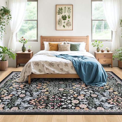 PLHXFR Area Rug 10x14 Living Room: Floral Washable Boho Carpet Dark Black - Image 3