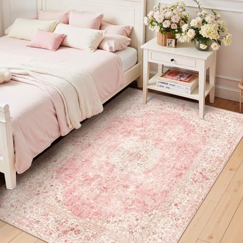 3x5 Entryway Pink Area Rugs, Vintage Floral Washable Rugs - Image 4
