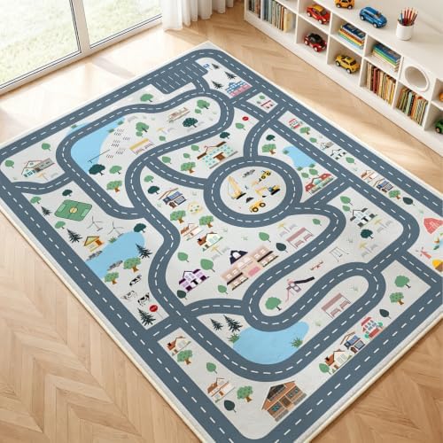 Car Rug Play Mat for Kids, Non Slip Car Track Rug Town City Road Map Playmat for Children, Washable Carpet for Boy Playroom Bedroom - 3x5 Ft - Image 6