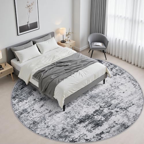 Round Area Rug Living Room: 4 ft Modern Washable Carpet Grey - Image 4