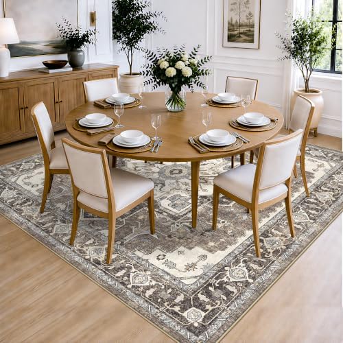 Living Room Washable 6x6 Square Rug: Vintage Non-Slip Backing Area Rugs Stain Resistant Carpet for Bedroom Nursery Indoor Soft Thin Low Pile Home Decor Floor Mat for Kitchen Dining Room (Beige,6x6) - Image 4