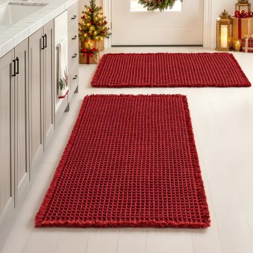 MIULEE Christmas Burgundy Red Set of 2 Waffle Bathroom Rugs 18x30 Inch by MIULEE