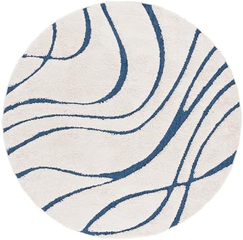 SAFAVIEH Florida Shag Collection 11' Round Cream/Blue SG471 Abstract Wave Non-Shedding Living Room Bedroom Dining Room Entryway Plush 1.2-inch Thick Area Rug - Image 3