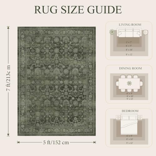 5x7 Washable Boho Area Rug, Non-Slip Green Bedroom Nursery Carpet - Image 2