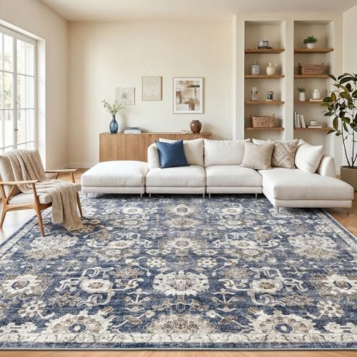 Amada Large 10x14 Washable Area Rug for Living Room, Blue/Brown, Vintage by AMADAHOMEFURNISHING