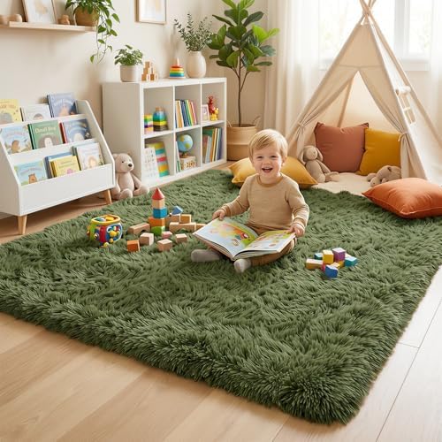 Amdrebio Olive Green Large Fuzzy Furry Area Rug 6x9 for Living Room Bedroom - Image 5