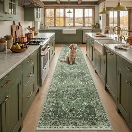RELEANY Washable Area Rug, Runner 2'6"x14', Green/Dark Green/Gray by RELEANY