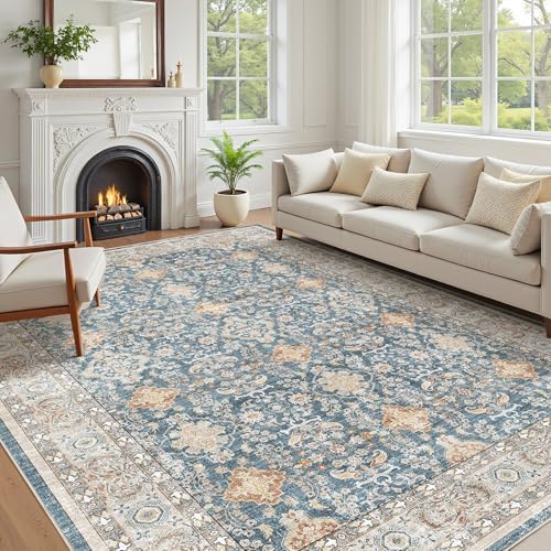 cotiled 7x9 Area Rug for Living Room, Washable, Traditional, Dark Blue by COTILED