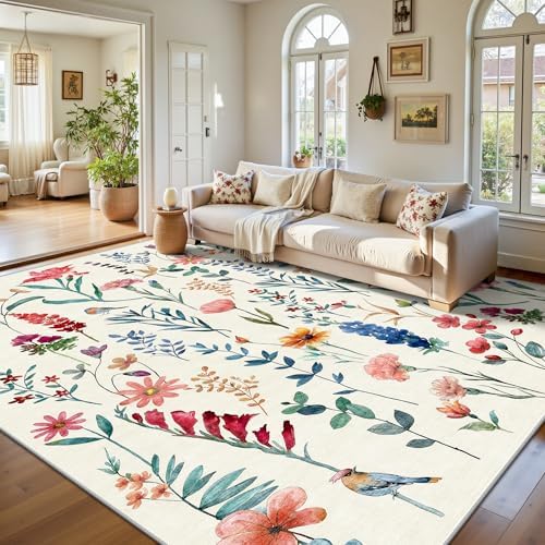 8x10 Area Rugs, Machine Washable Low Pile Floral Rugs for Living Room, Bedroom, Large Area Rug with Non-Slip Backing for Dining Room(Beige Floral) by Yarooge