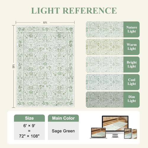 DUKINO 6x9 Area Rug Vintage Floral Washable Rugs for Living Room Sage Green - Image 2