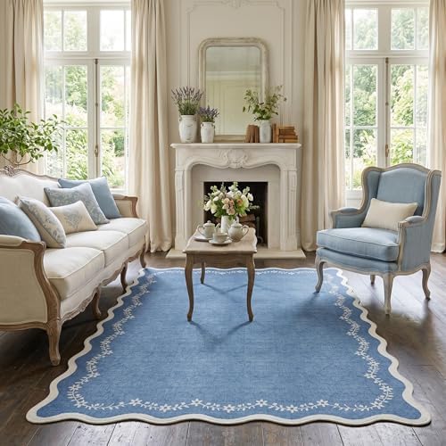 GarveeHome 5x7 Scalloped Area Rug Blue Washable Bedroom Living Room Rug - Image 3