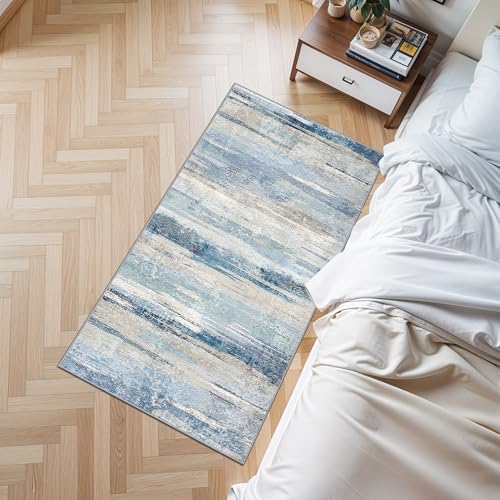 Entryway 2x4 Runner Rug Washable - Modern Abstract Non Slip Rugs for Kitchen Entrance Bedroom Low Pile Carpet for Hallway Entry Ultra-Soft Indoor Home Decor Floor Thin Mat for Bathroom 2X4 Blue - Image 2