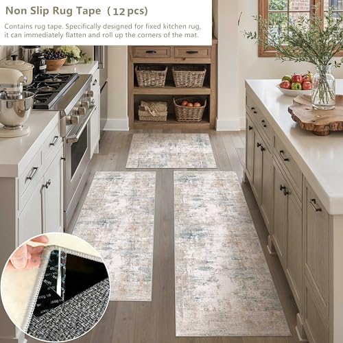 Washable Beige Blue Neutral Kitchen Runner Rug Set of 3 - Image 2