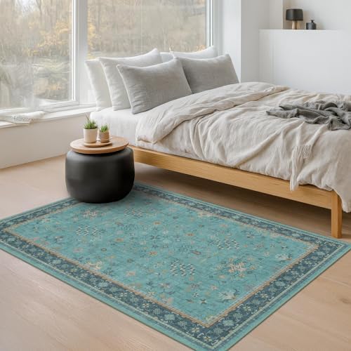 Hazo Haus Teal 3x6 Wide Non Slip Kitchen Rug - Washable Front Door Runner Indoor Entrance, Vintage Floral Pattern Indoor Decor, Non Slip Soft Low Pile Fade Resistant - Image 6
