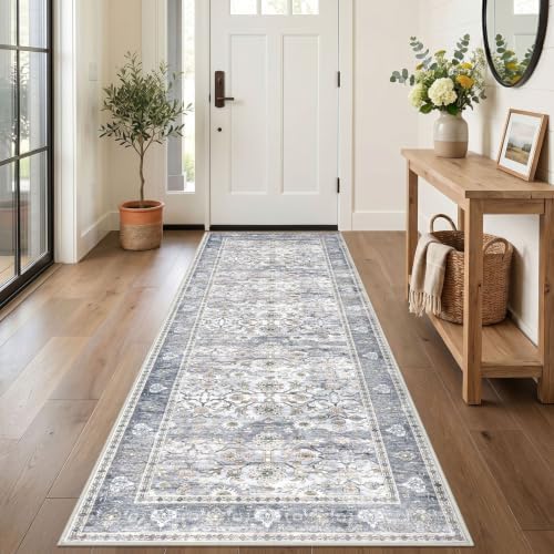 KUTA Vintage Washable Runner Rug 3x9 Grey Blue Wide Hallway Runner by KUTA