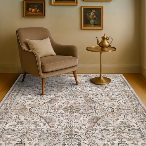 Vintage Washable 4x6 Area Rug for Bedroom Beside, Entryway, Mudroom, Kitchen, Living Room, Low Pile Non Slip, Oriental Stain Resistant Carpet with Moss Green Bird Pattern - Image 3