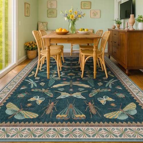 Vintage Teal Area Rugs for Living Room 6x8 - Floral & Butterfly Pattern Dining Rug, Low Pile Soft Bedroom Carpet, Washable Non Skid Rubber Backed, Forest Funky Home Décor - Image 3