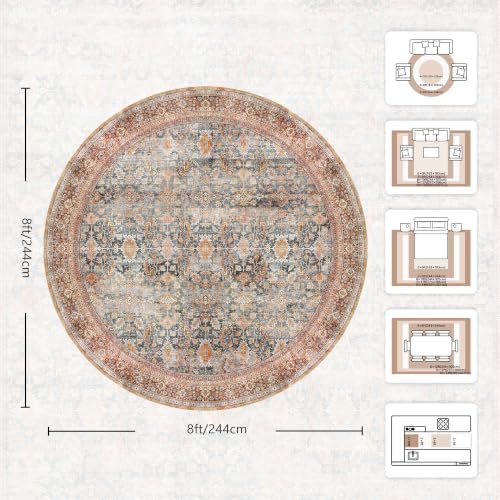 8FT Round Rugs - Washable Vintage Retro Large Area Rug, Soft Ultra Thin Non Slip Low Pile Traditional Distressed Boho Carpet for Bedroom Dining Room Home Office, Rust Clay - Image 2