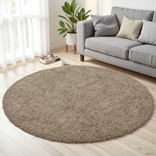 Grey Camel Round Fluffy Rug 5ft Plush Fuzzy Shaggy Carpet by Unknown