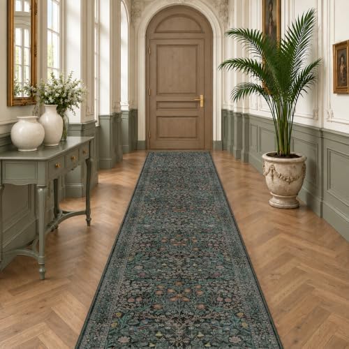 Dark Green Washable 3x16 Extra Long Runner Rug for Hallway Non Slip, Large Kitchen Indoor Floor Rugs for Entryway Hall Way, Soft Stain Resistant Low Pile Vintage Floral Carpet by HazoHaus