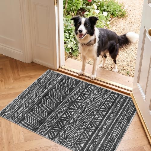 2x3 Area Rug Washable Moroccan: Non Slip Front Door Throw rugs Charcoal by Ksrau