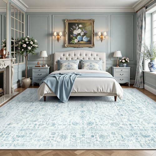 8x10 Area Rugs for Living Room, Washable Vintage Retro Floral Rug, Low Pile Non Slip Distressed Large Carpet for Bedroom, Dining Room, Office, Home (Blue) - Image 4