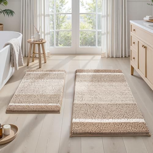 HOMEIDEAS Beige Bathroom Rugs Sets 2 Piece Chenille, 20"x32"+17"x24" by HOMEIDEAS