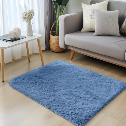 OLANLY 3x5 Machine Washable Small Bedside Rug, Soft Fluffy Shaggy Rugs for Living Room, Bedroom, Indoor Floor Carpet for Kids Girls and Boys, Preppy Dorms, Nursery, Home Decor Aesthetic, Blue - Image 3