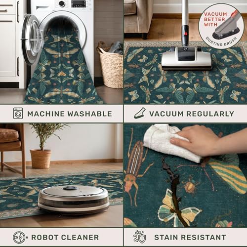 Hazo Haus Green Boho Runner Rug 3x8, Foldable Washable Carpet for Hallway & Kitchen, Vintage Insect Design - Image 5